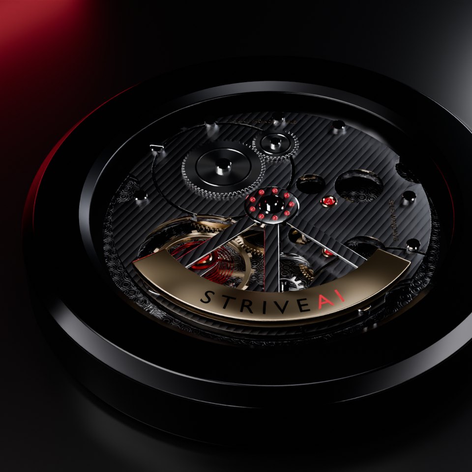 The StriveAI movement in its black case, rotor engraved STRIVEAI