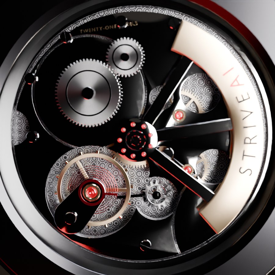 The balance wheel of the StriveAI movement, its crimson hairspring and ruby jewel