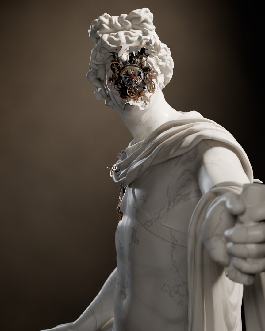 The Apollo Belvedere in marble, its face and chest broken open to reveal a working watch movement